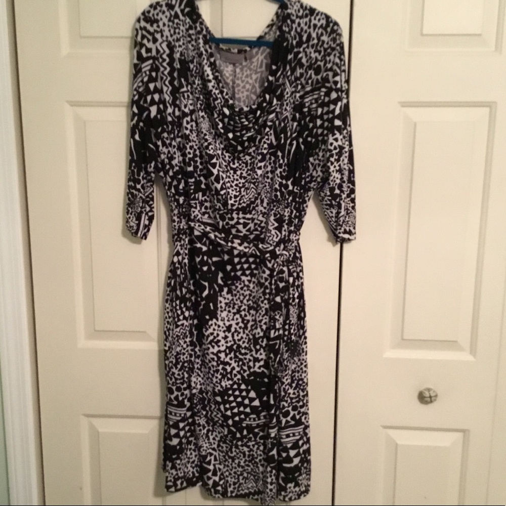 Black and white belted cowl neck dress